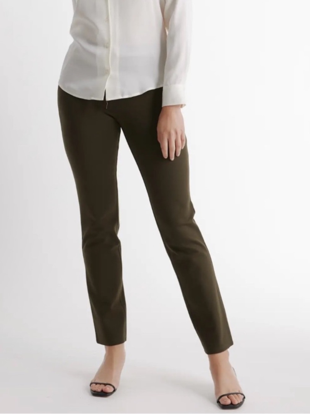 Quince Ultra-Stretch Ponte Straight Leg Olive Pant, Size M